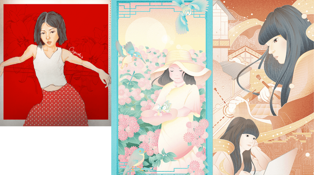 Three digital illustrations of women